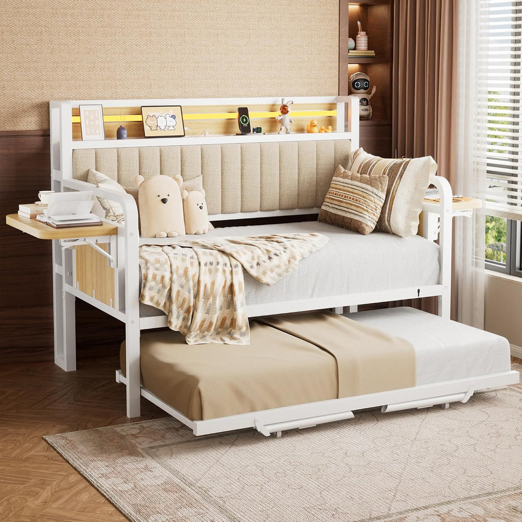 Daybed with Trundle and LED Light, Heavy Duty Metal Twin Bed Frame with Upholstered Storage Headboard & Charging