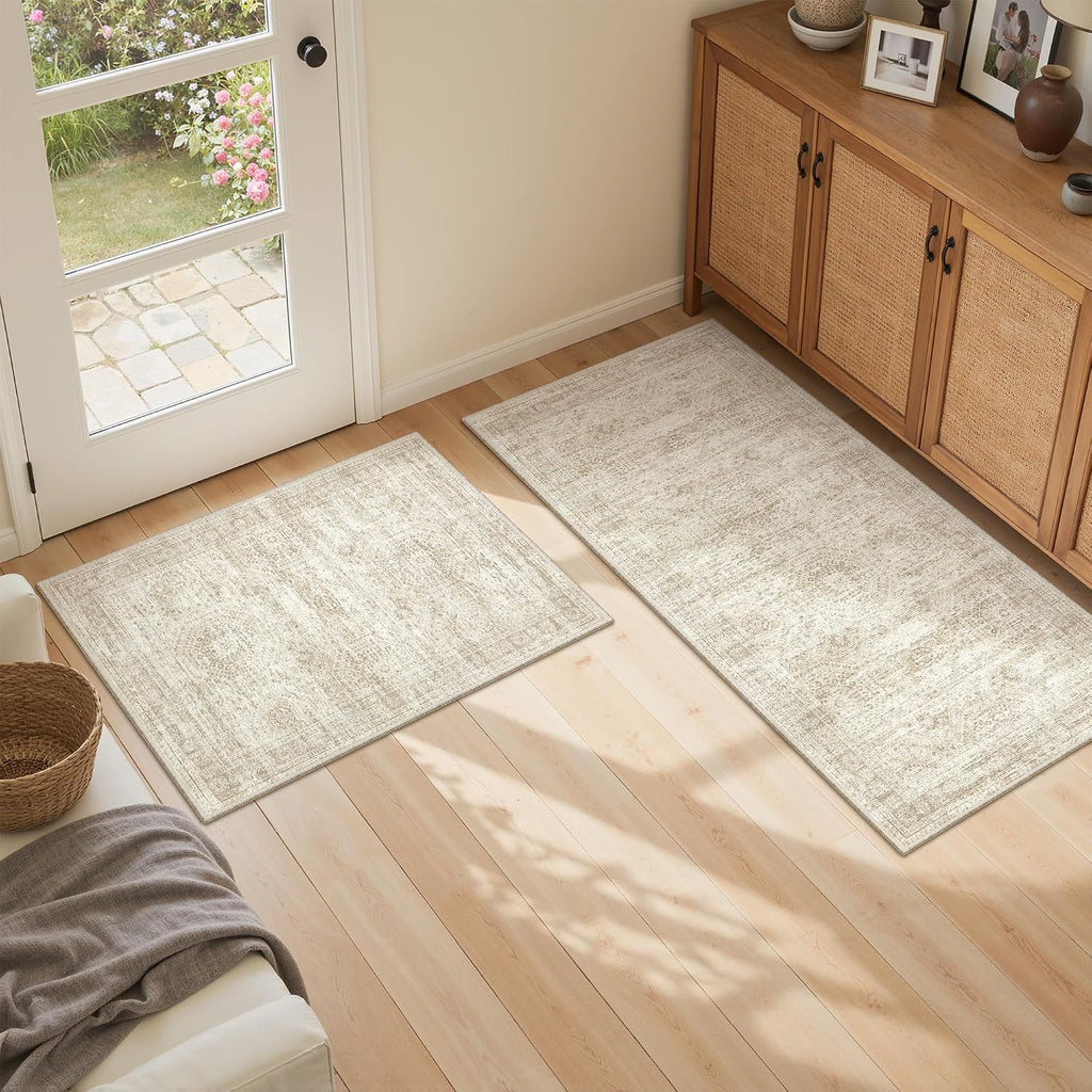 Kitchen Rugs Sets of 2, 2x3 2x4 Rug Runner,Beige | 2 Piece Washable Rug ,Thin,Soft Runner Rug,Stain Resistant Indoor