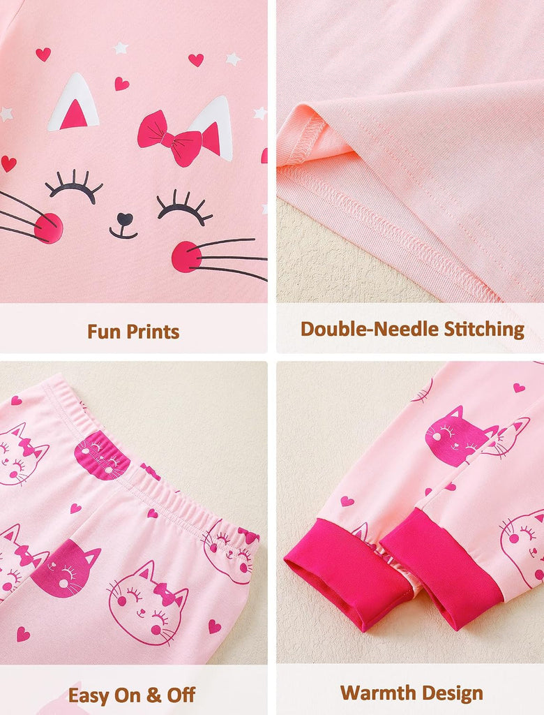 Girls Cotton Pajamas Snug Fit Piece Long Sleeve Sleepwear Set