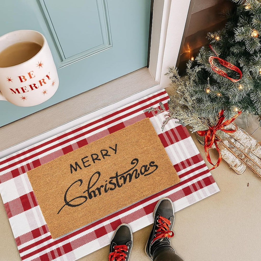 Christmas Door Mat Combo Set - 100% Coco Coir Welcome Mat + 28 x 43 Inch Red and White Diagonal Plaid Rug, Christmas