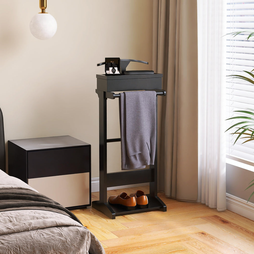 Clothes Valet Stand for Men, Wooden Suit Rack with Flip Tray & Coat Hanger