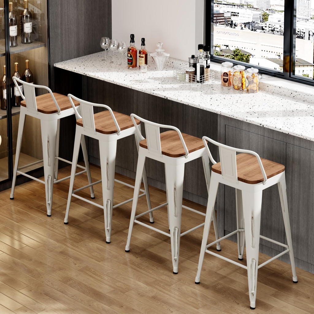 24" Barstools Set of 4 Counter Height Bar Stools Chair-Distressed White