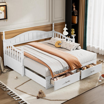 Multifunctional Extending Day Bed with Trundle & Drawers Twin to King Wood Sofa Bed with Headboard No Box Spring