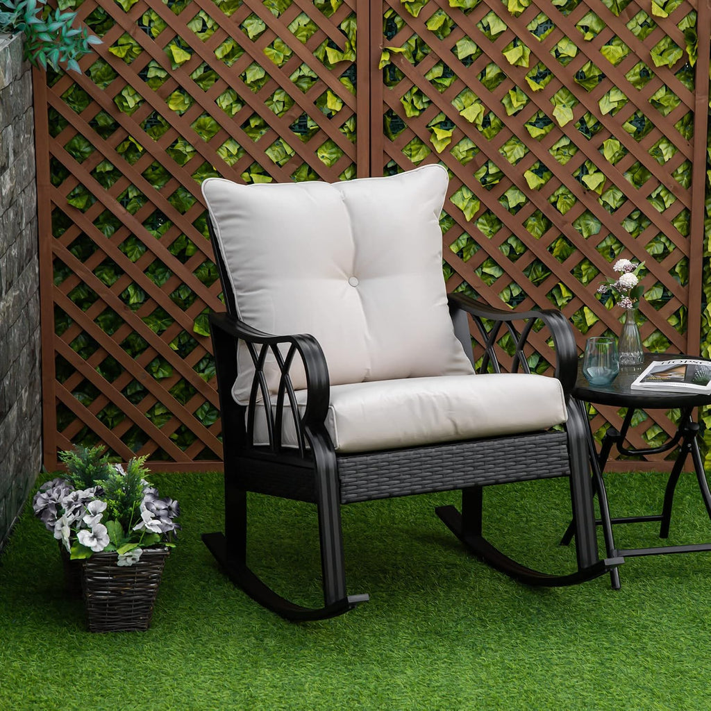 Outdoor Wicker Rocking Chair Padded Cushions Aluminum Khaki | Furniture Rattan Porch Rocker Chair, Armrest, Garden