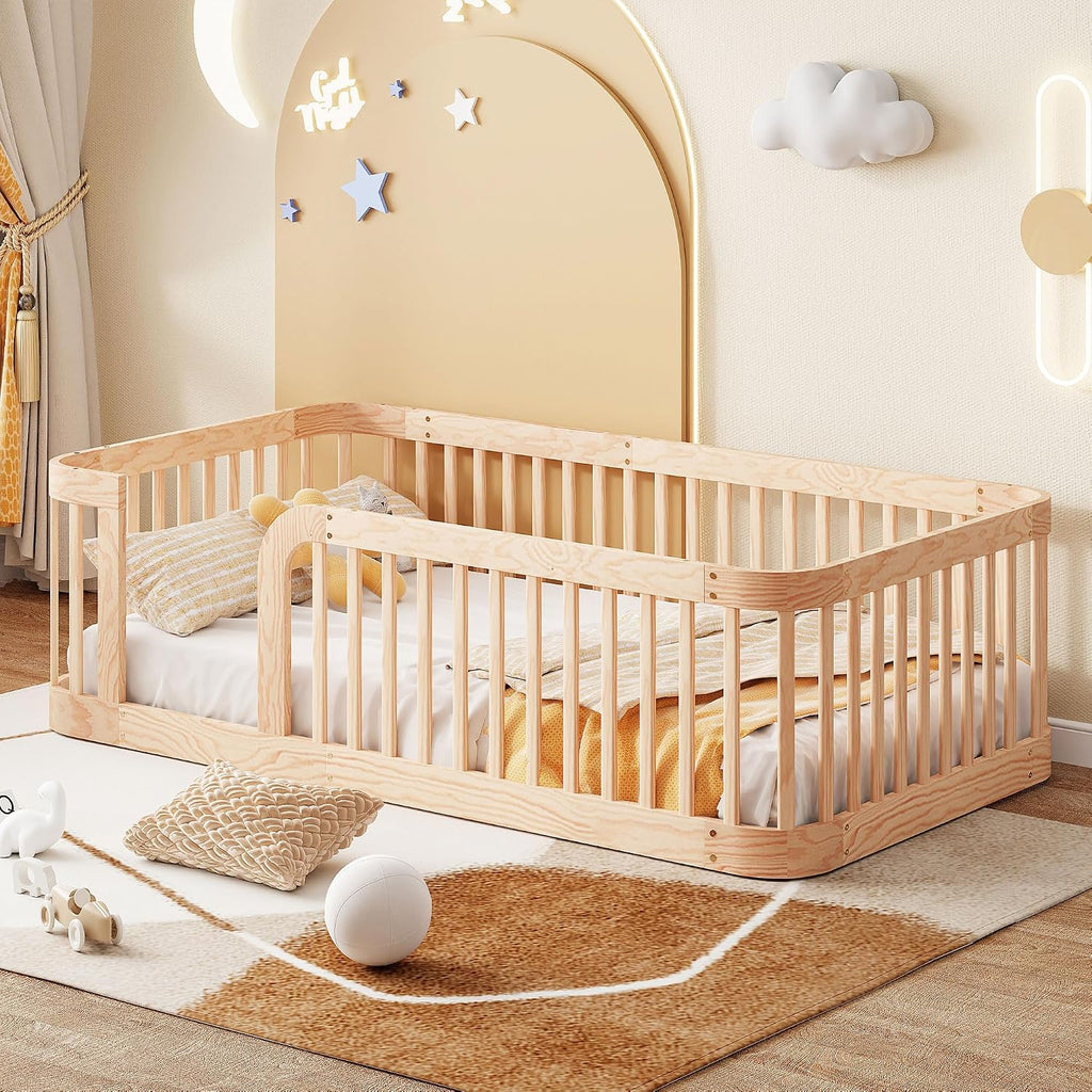 Floor Bed with High Fence & Entrance, Natural Floor Bed for Kids