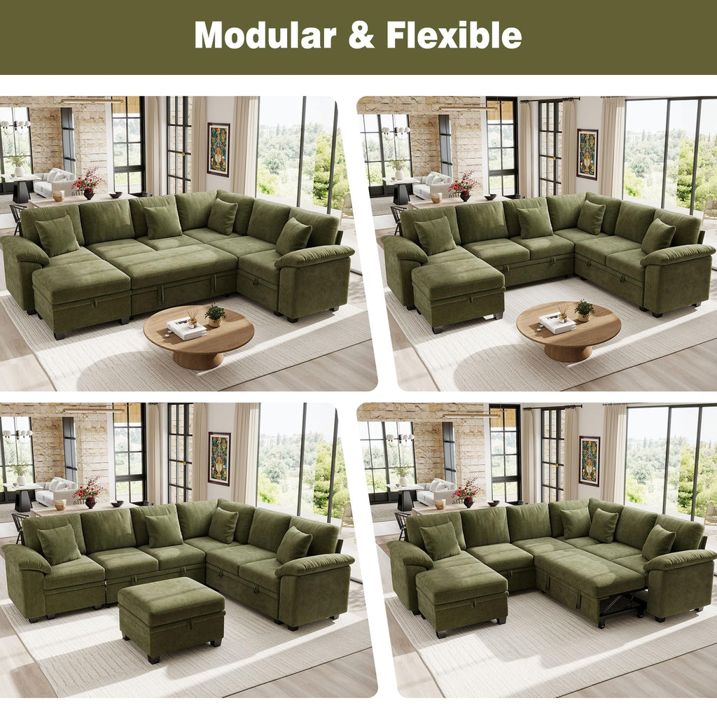 108" Modular Sectional Sofa with Pull Out Bed, 7-Seater L Shaped Sectional Sleeper Couch with Storage, Chenille