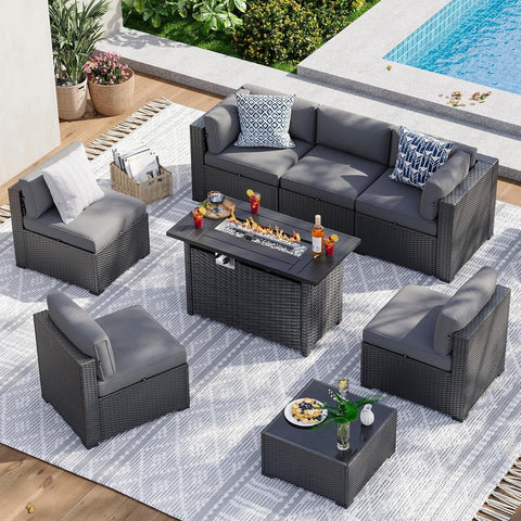 Aoxun 8 Piece Patio Furniture Set with 44” Fire Pit Table Wicker Rattan Patio Sectional Sofa Set Outdoor Seating