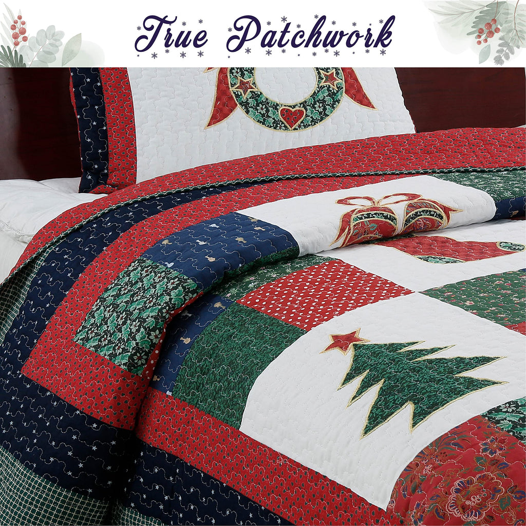 Christmas True Patchwork Wreaths Pine Tree Stockings Rustic Reversible Quilt Bedding Set, Coverlet Bedspread (Happy