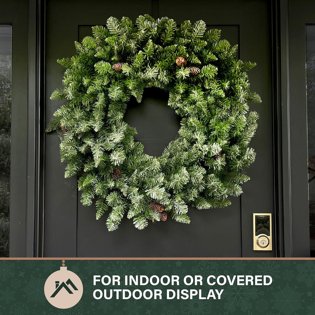 36" Frosted Pine Wreath Door Hanging with Pinecones, No Lights, FFWRA036-0SN, Snow