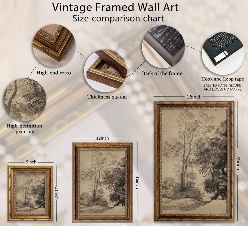 Vintage Gold Framed Wall Art Rustic Farmhouse Gray Natural Sketch Canvas Painting Picture Wall Decor Retro Tree