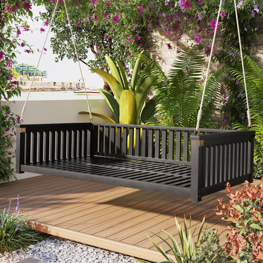 Acacia Wood Porch Swing Bed, Twin Size Hanging Daybed with Ropes, Outdoor Patio Bed Swing for Garden, Backyard &