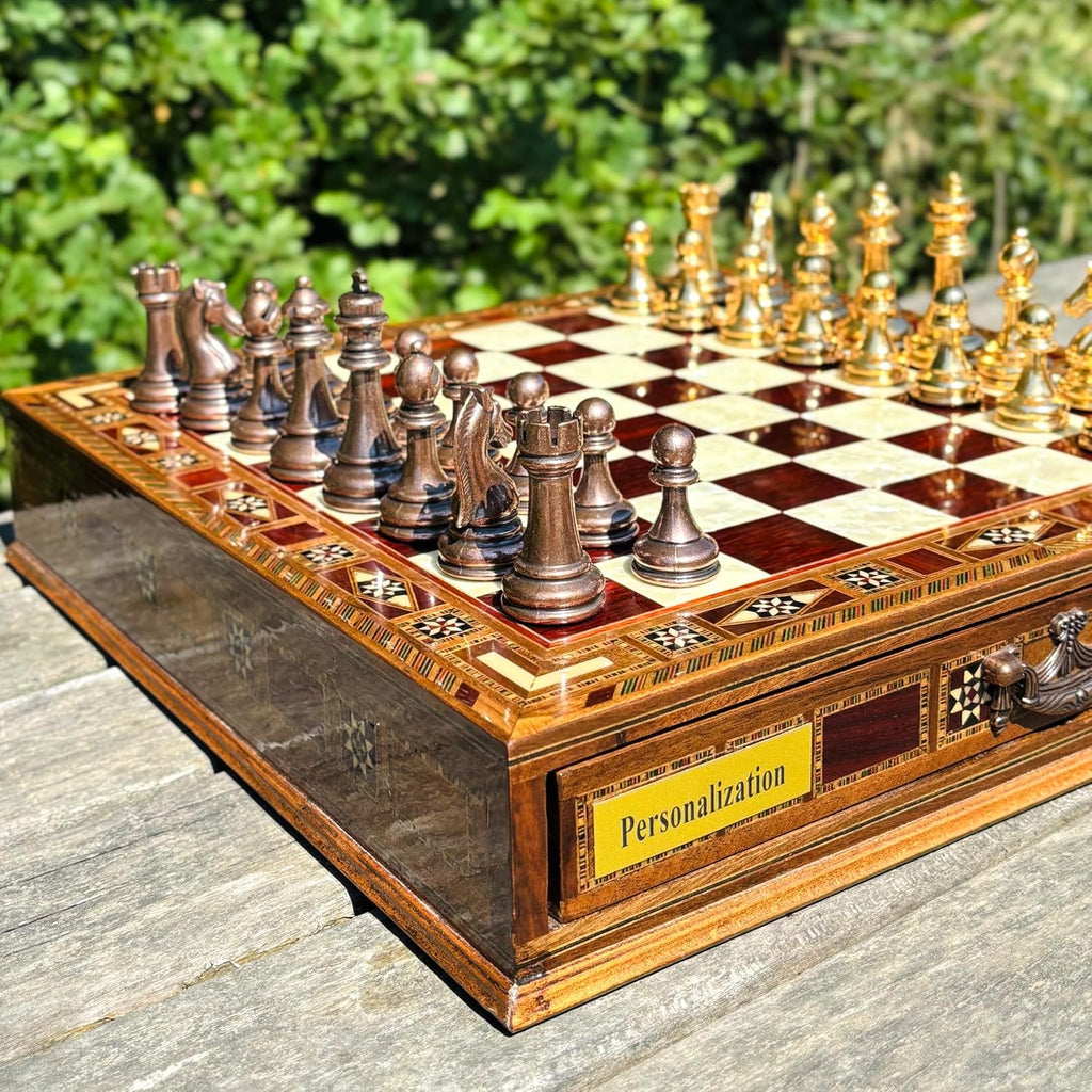 Handmade Luxury Chess Set - Metal Chess Pieces with Wooden Storage Board - Premium Classic Chess Game for Adults - Set of 34