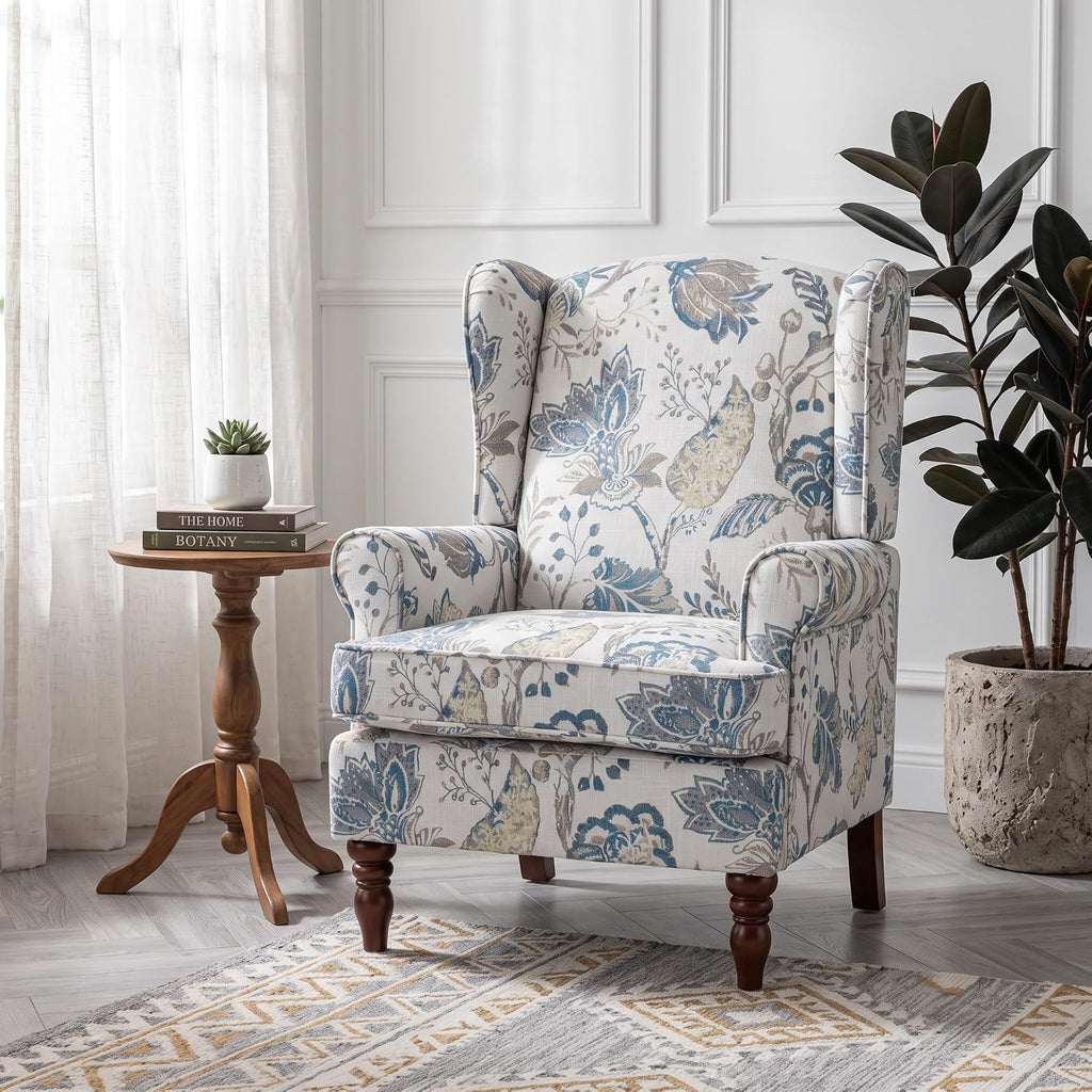 Mid Century Wingback Accent Chairs Set of 2 Blue Floral | Retro Wooden Legs Modern Linen Upholstered Armchair Floral