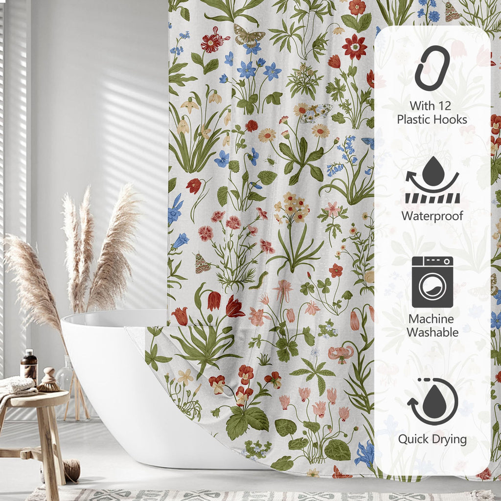 Boho Rustic Floral White 140 GSM Faux Linen, Vintage Morris Abstract Green Leaves Plant with Wildflowers Bathroom