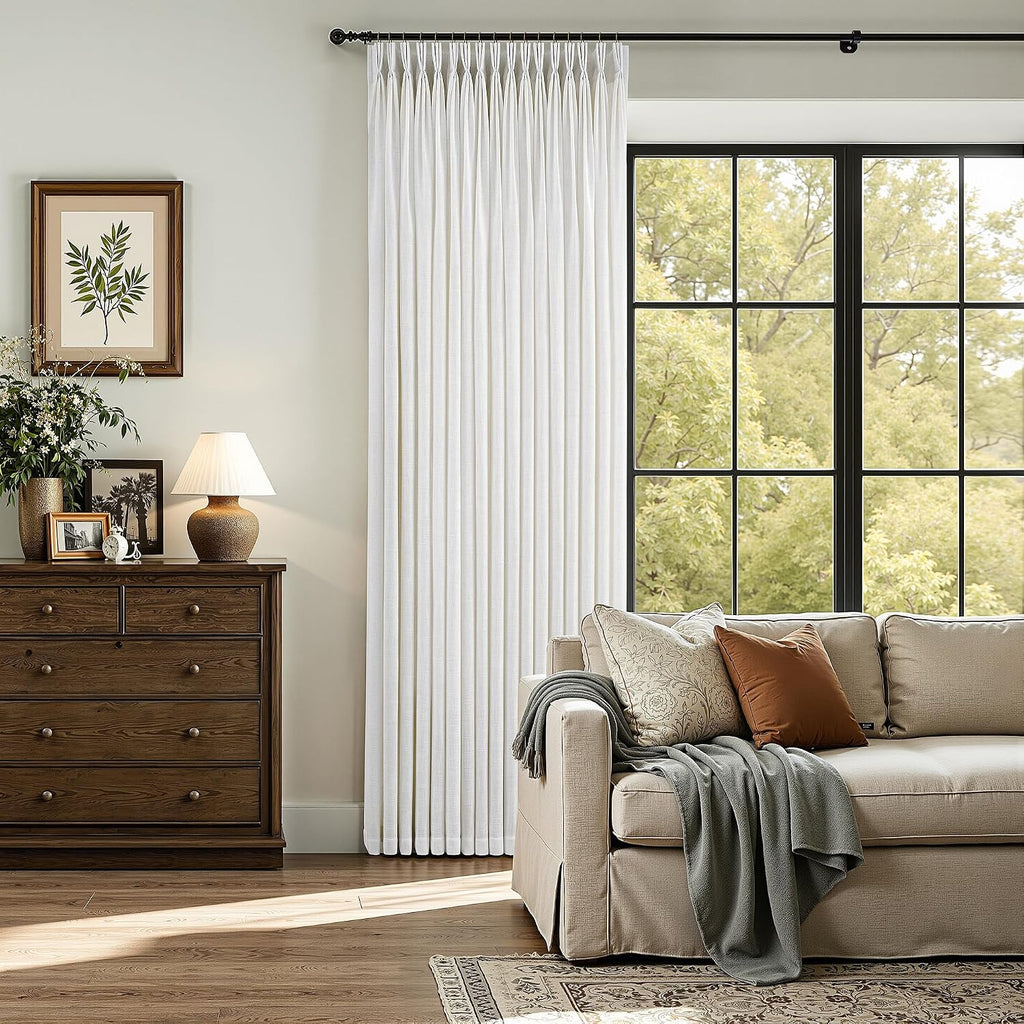 Triple Pinch Pleated Curtains for Living Room 90 Inch Linen Curtains 2 Panels Set Natural Cream Light Filtering Semi