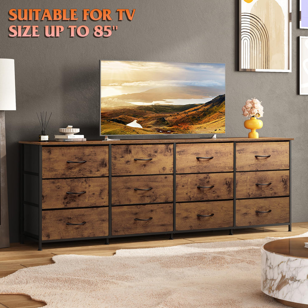 Long TV Stand for 85 Inch TV, 12 Drawer, Rustic Brown