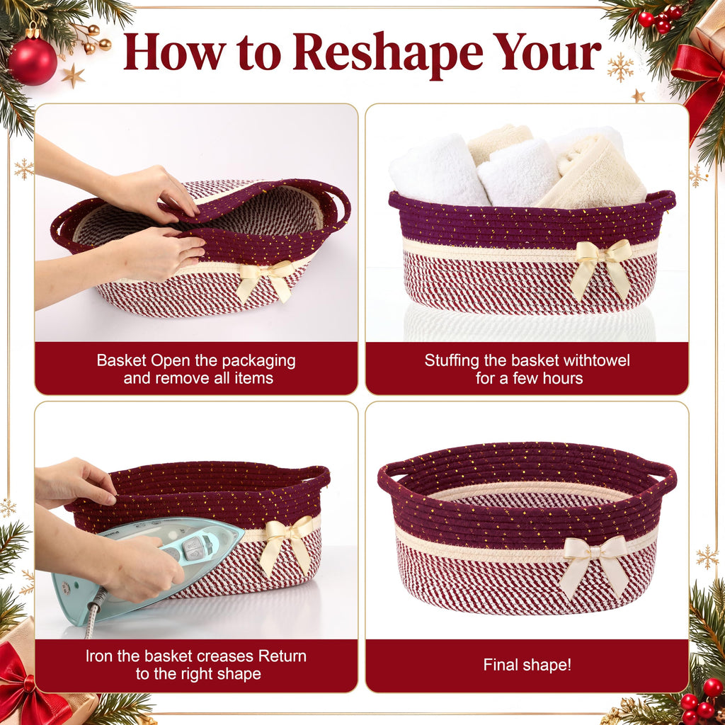 Woven Christmas Gift Basket Empty, Burgundy, White