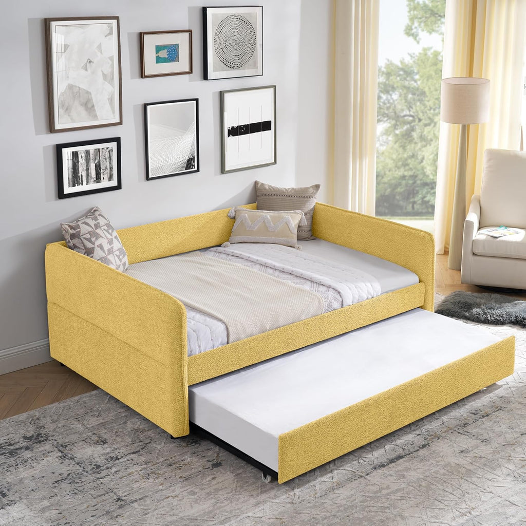 Full Size Upholstery Tufted Daybed with Erectable Trundle, Twin to King Design Modern Extendable Boucle Sofa Bed