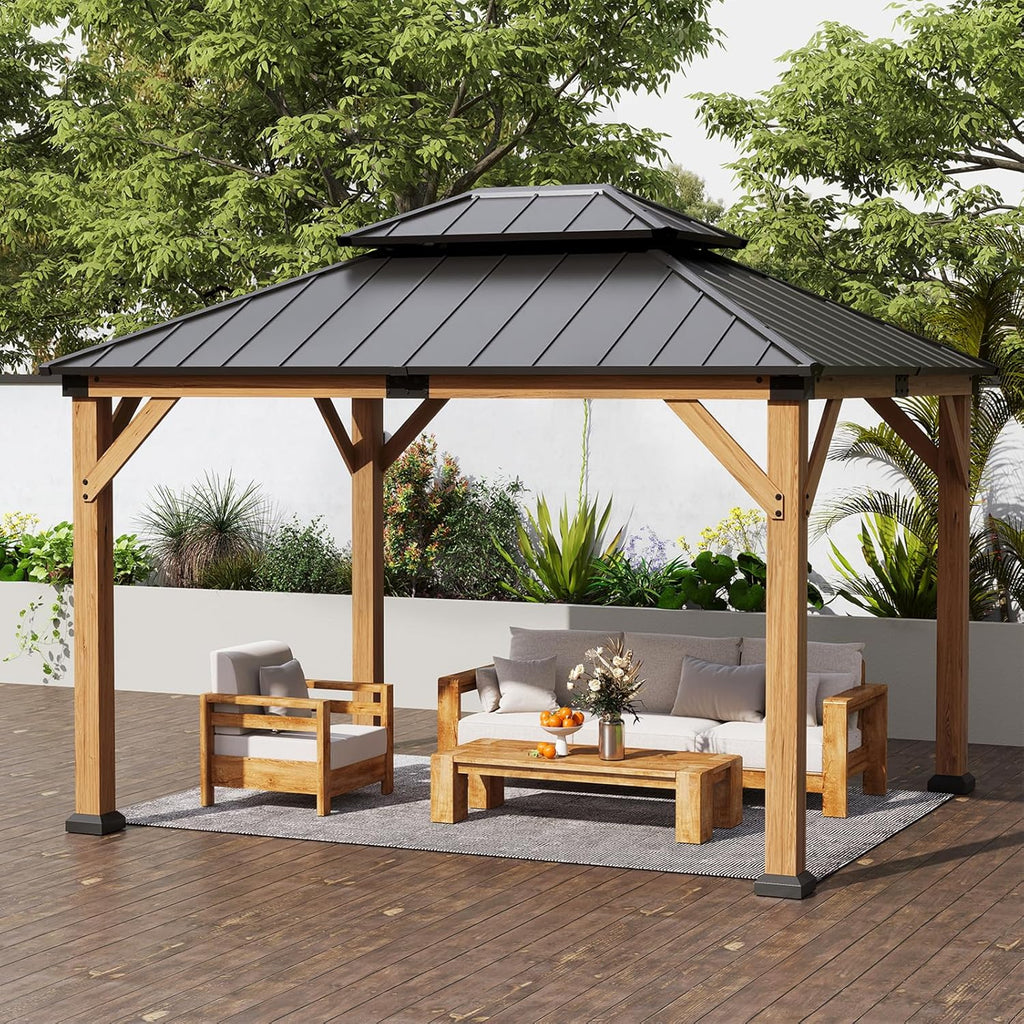 10' X 12' Wood Gazebo Hardtop Outdoor Permanent Pavilion with Double Galvanized Steel Roof Snow Support