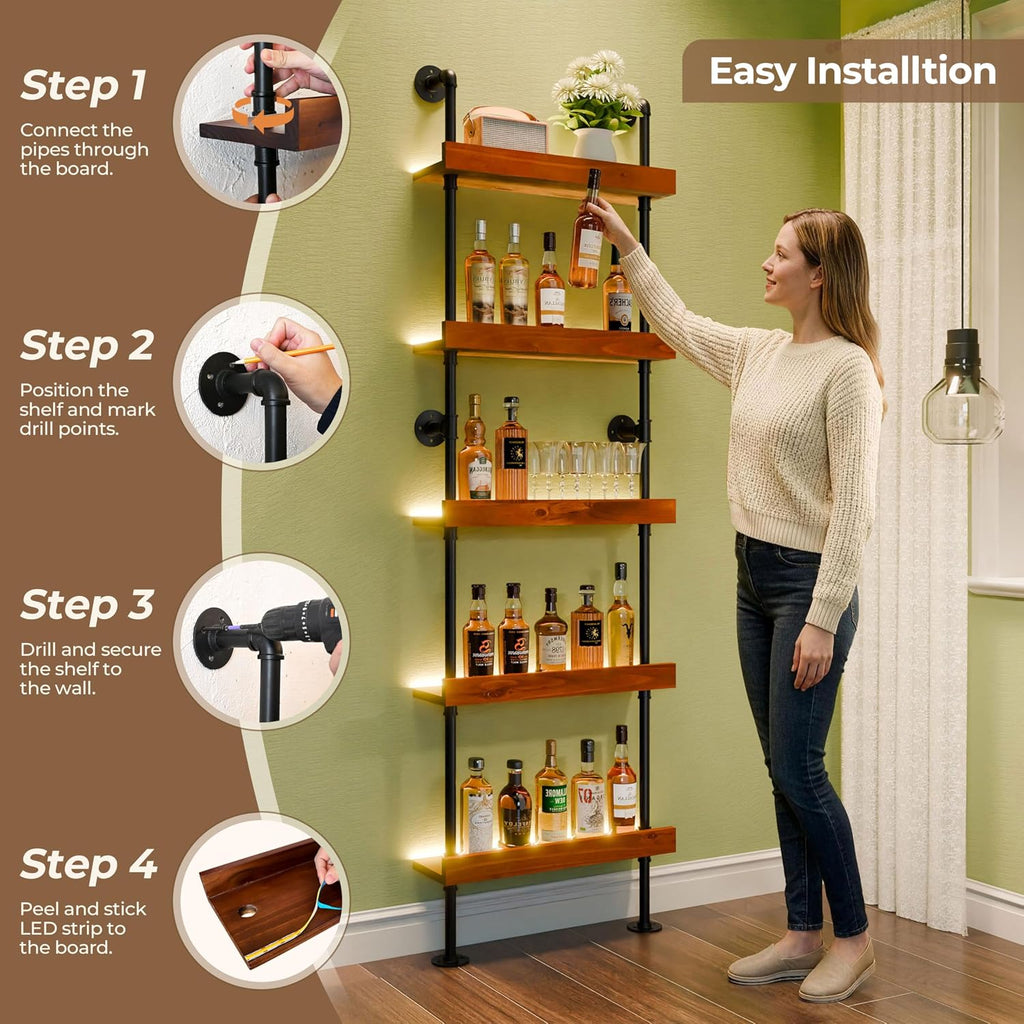 Industrial Bar Shelves, Wine Rack Wall Mounted, Walnut, 24 Inch | solid pinewood, industrial iron pipe, 5 tier, 30