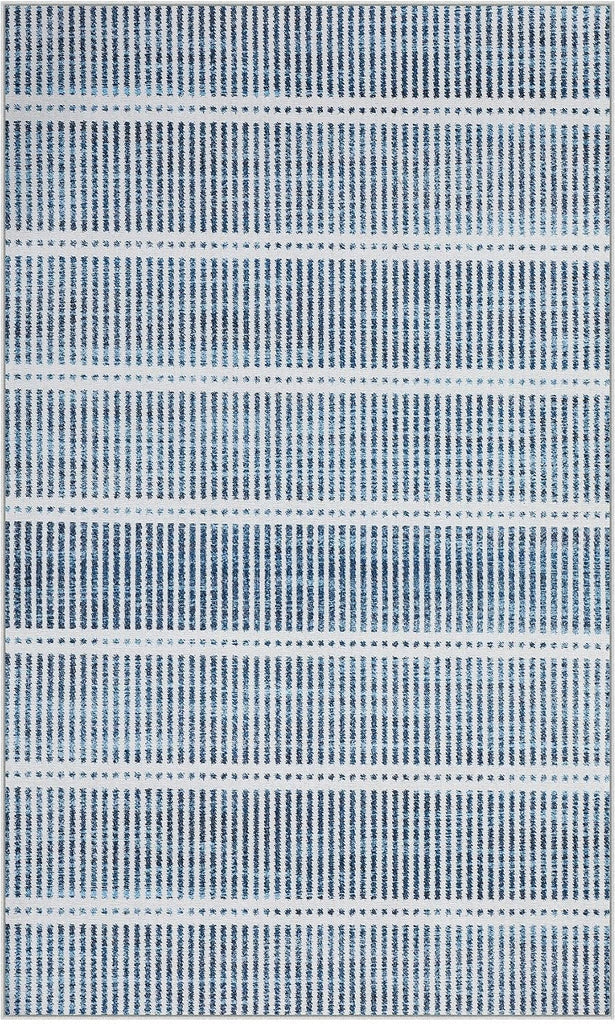 Ultra Thin Modern 3x5 Washable Area Rugs, Non-Slip Small Bedroom Kitchen Rugs, Blue Striped Farmhouse Indoor Carpet
