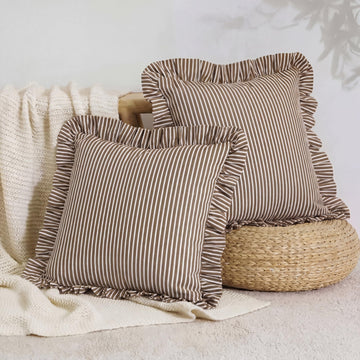 2 Pack Brown White Striped Ruffle Pillow Covers 18x18