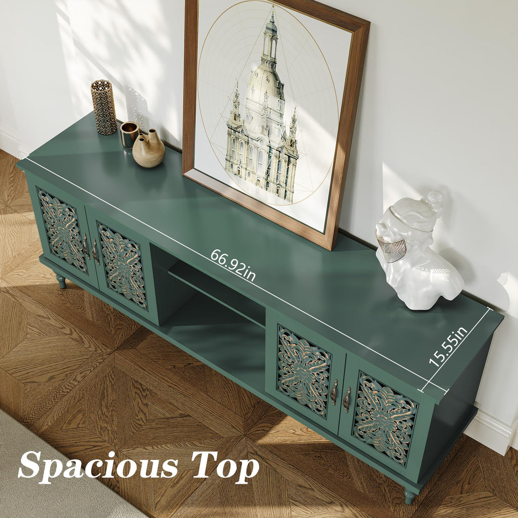 67" Retro TV Stand with Hollow Carved Doors, Green
