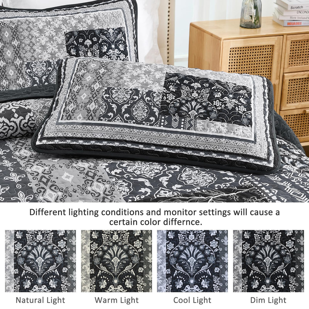 Boho Quilt Queen Set, 3 Pcs Black Patchwork Bedspread Set