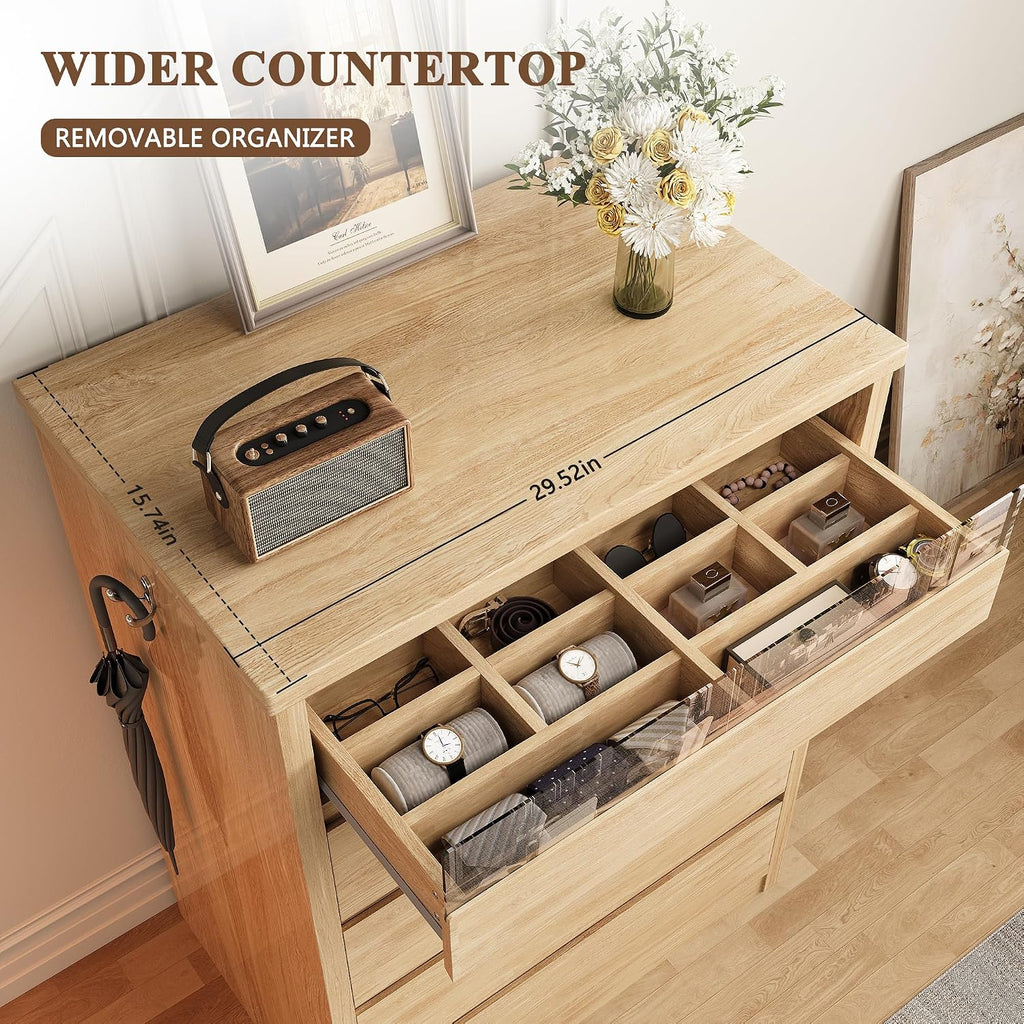 5 Drawer Dresser with LED Light, Modern Chest of Drawers with Hidden Handles, Tall Wooden Dresser Closet - Oak