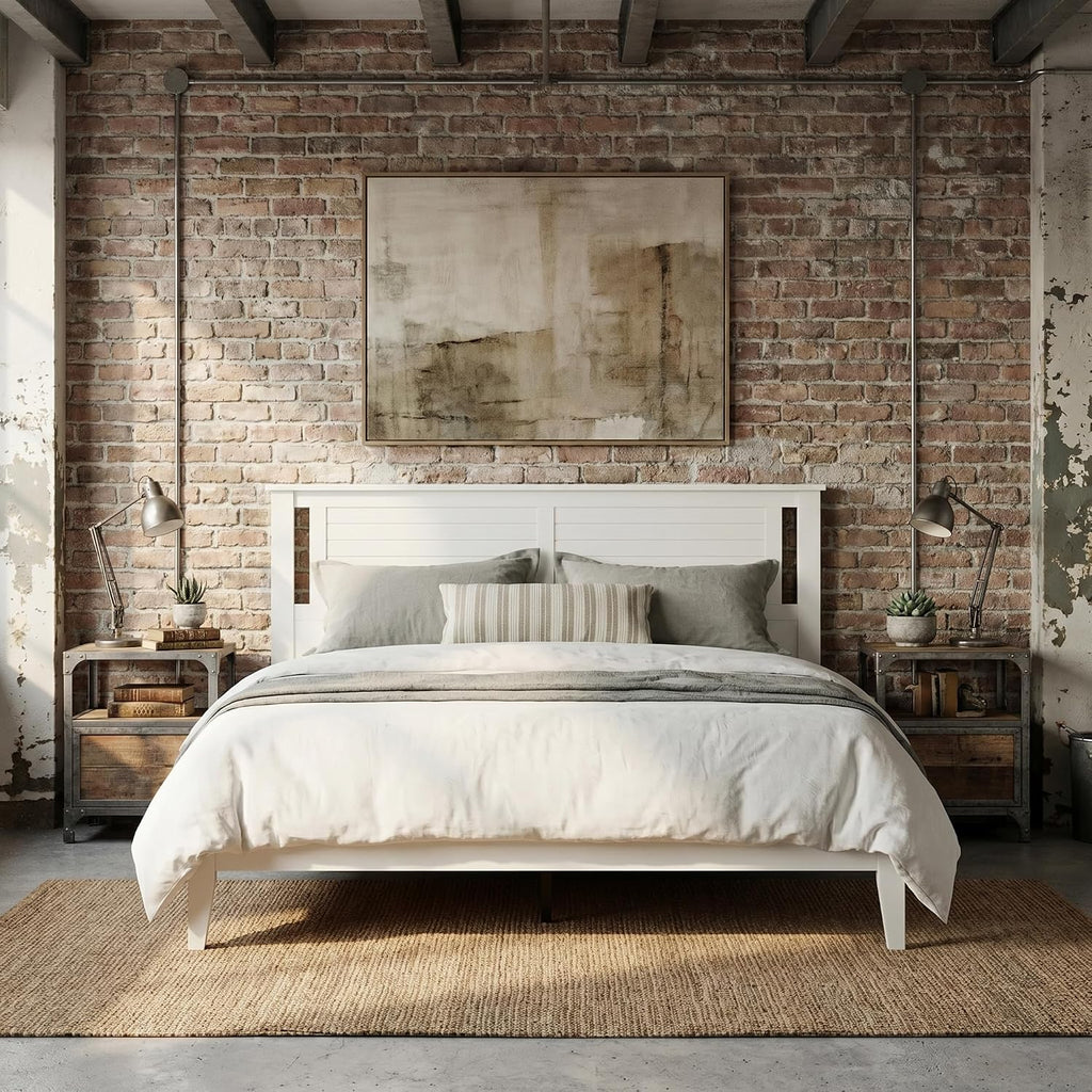 Solid Wood Platform Bed with Wooden Slats - Durable Frame, No Box Spring Required, Ample Underbed Storage, White