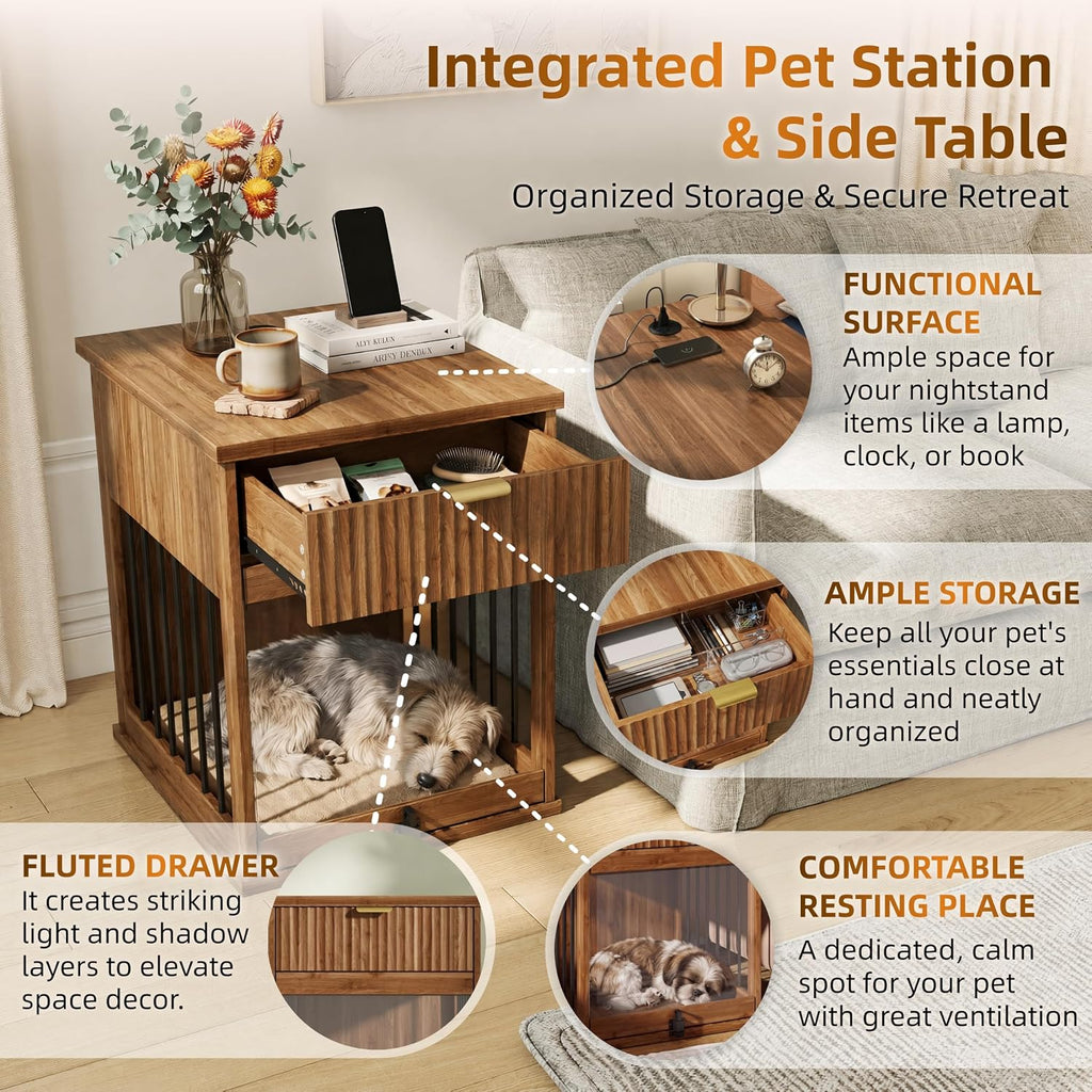 Dog Crate Furniture End Table for Small Dogs with Charging Station (Brown)