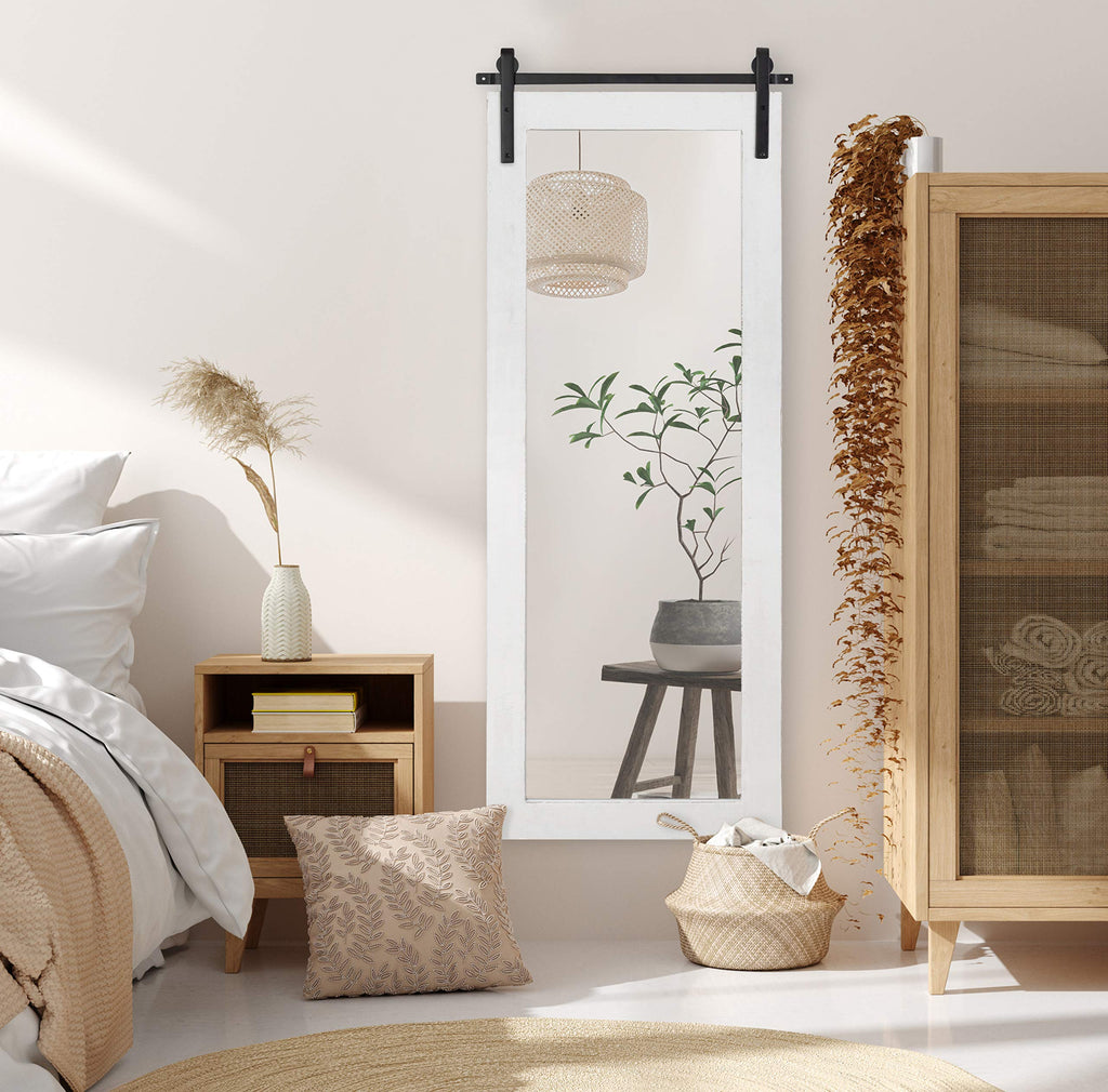 Cates Farmhouse Wood Framed Full Length Panel Mirror, 18 x 50, White, Barn Door-Inspired Rustic Mirrors for Wall