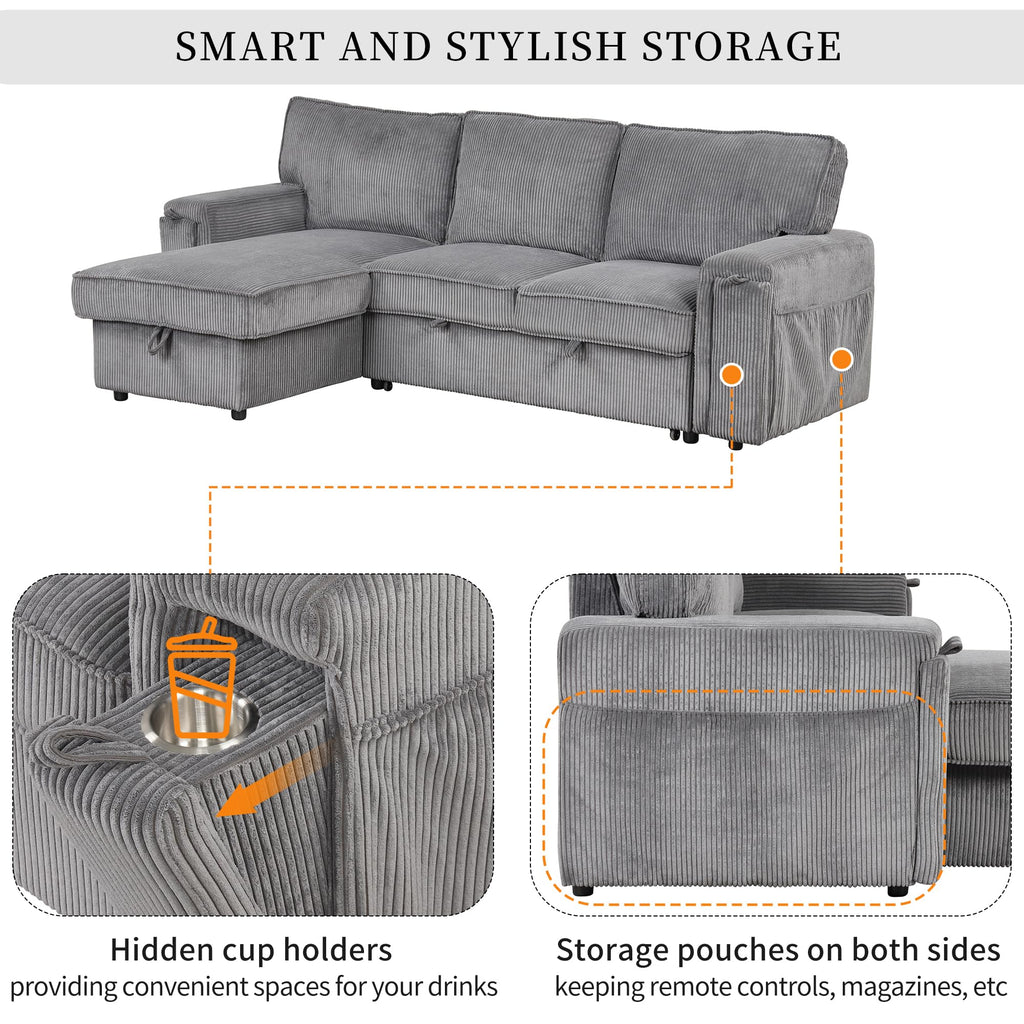 96" Convertible Sleeper Sofa Bed, Modern Corduroy Pull Out Couch with Storage Chaise, L-Shaped Sectional Sofa with