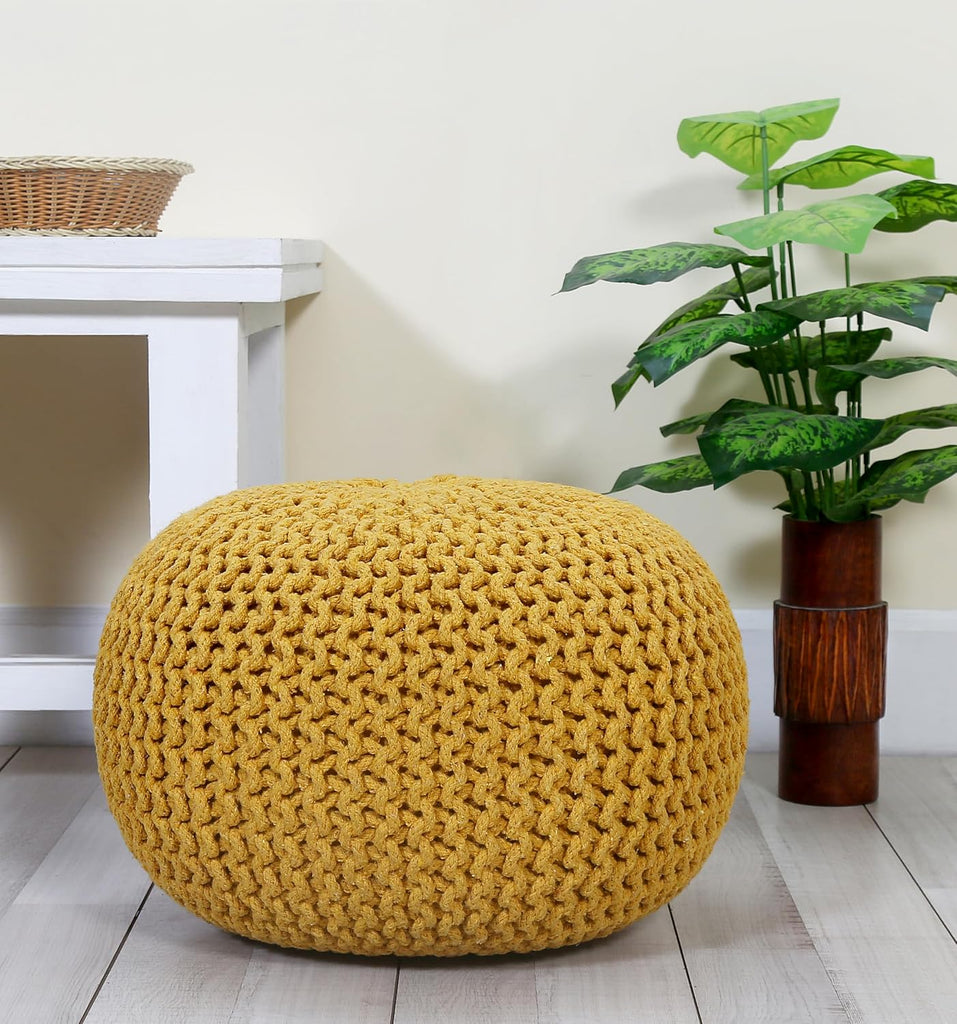 Round Knitted Pouf - Chunky Knit Ottoman & Floor Cushion, Round Stuffed Pouf Ottoman, Foot Stool Storage Ottoman, 18"