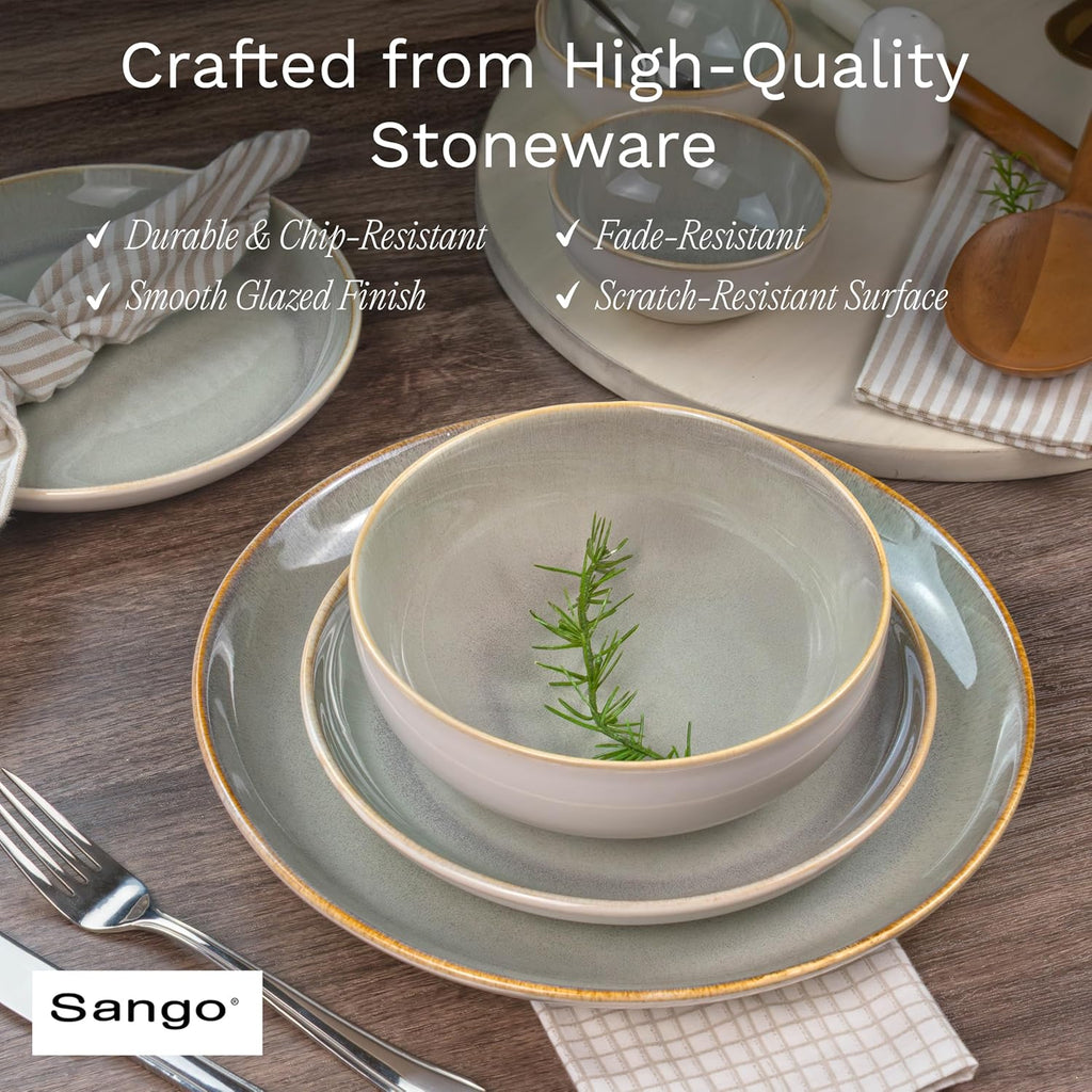 16-Piece Stoneware Dinnerware Set for 4, Glossy Cream/Green Big Dinner Plates and Bowls Sets with Reactive Glaze