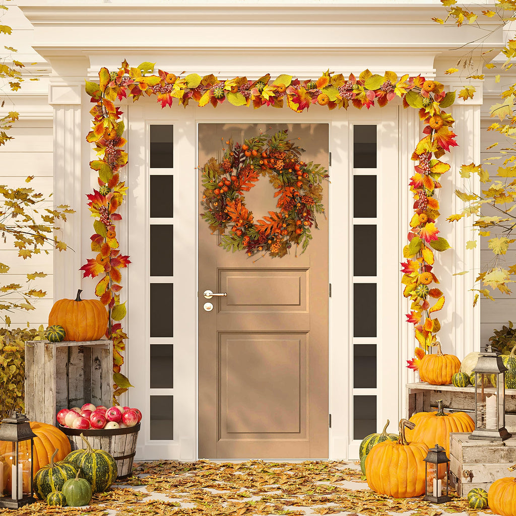 Artificial Fall Wreaths for Front Door Autumn Oak Wreath with Oak Leaves, Acorns, Berries, Pomegranates for Front Door