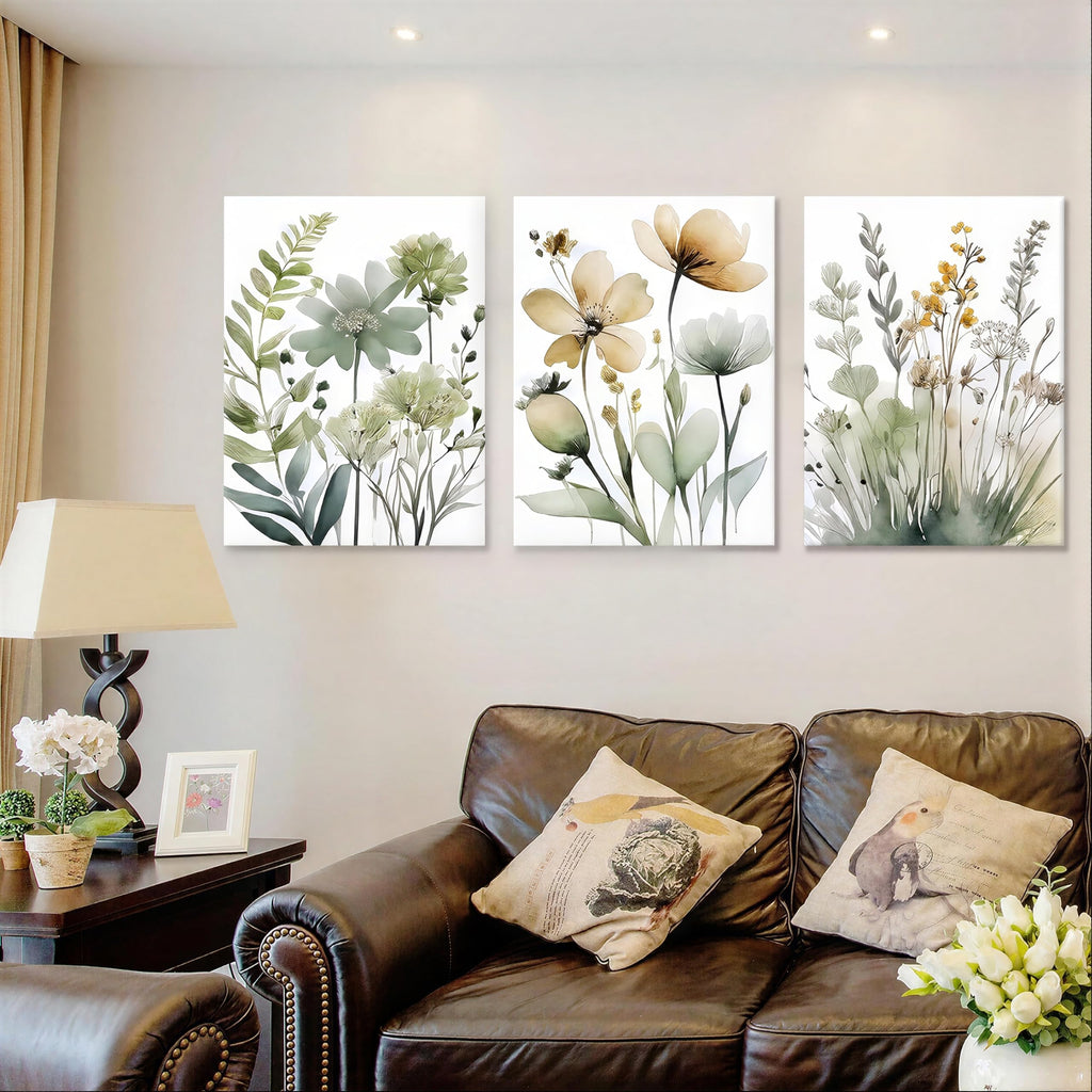 Framed Sage Green Botanical Wall Art Set of 3 Boho Floral Canvas Wall Decor Paintings Minimalist Flower Posters