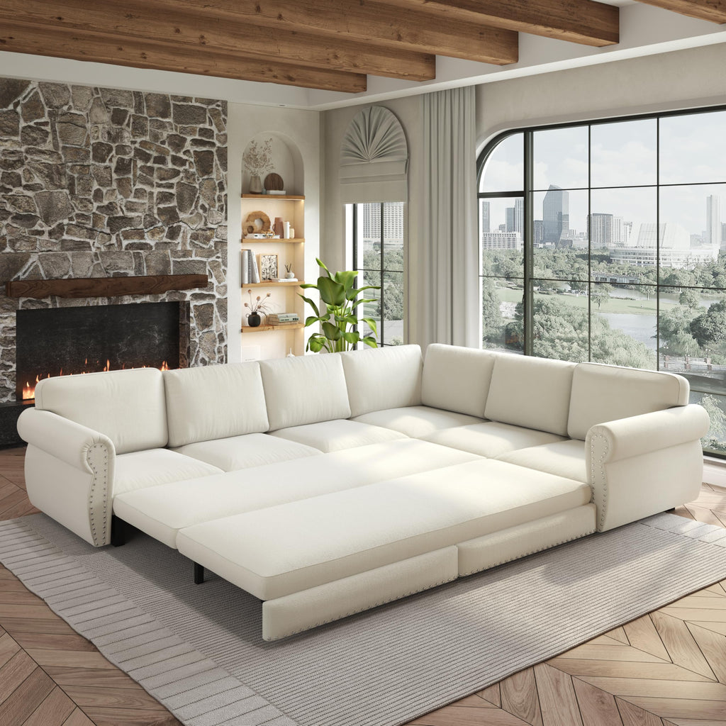 118" Sleeper Sofa Bed, Sectional Couches /Apartment, Chenille L Shaped Couch with Pull Out Couch Bed, Convertible