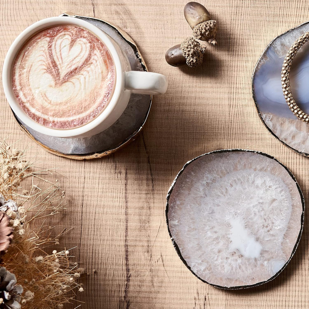 White Agate Coasters for Drinks, Crystal Coaster with Gold Edge 3.5-4", Geode Coaster, Gemstone Natural - Set of 4