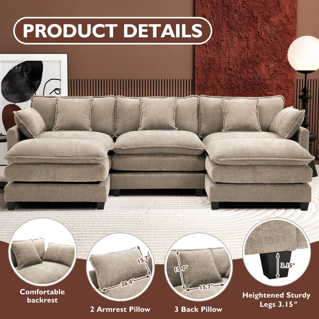 111.4" U Shaped Modern Sofa Modular Sectional Luxurious and Comfortable with 2 Ottoman, 5-Seat Chenille Deep Seat