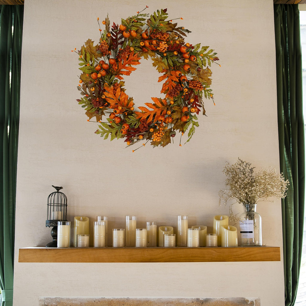 Artificial Fall Wreaths for Front Door Autumn Oak Wreath with Oak Leaves, Acorns, Berries, Pomegranates for Front Door