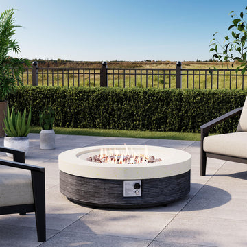 42" Outdoor Fire Pit Table Round Gas Fire Pit Table with Concrete & Wood Grain Design, Electronic Ignition
