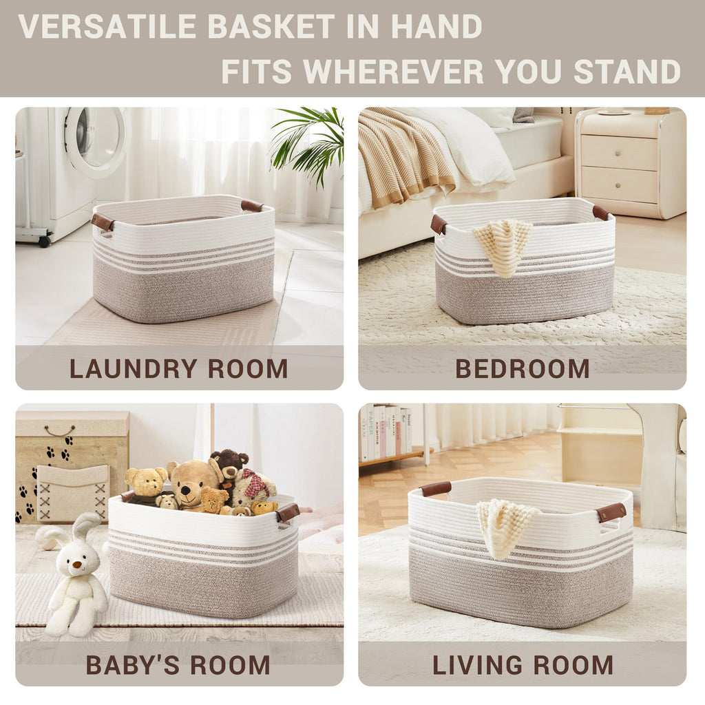 72L Large Woven Laundry Basket Hamper with Leather Handles,Brown