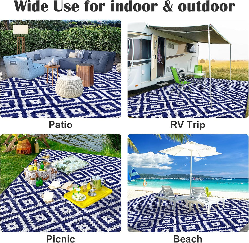 Waterproof Outdoor Rug, Reversible Patio Rug, Blue