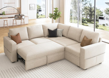 Modular Sectional Sleeper Sofa with Pull Out Bed, L Shaped Couch with Storage Seat, Convertible Sectional Couches