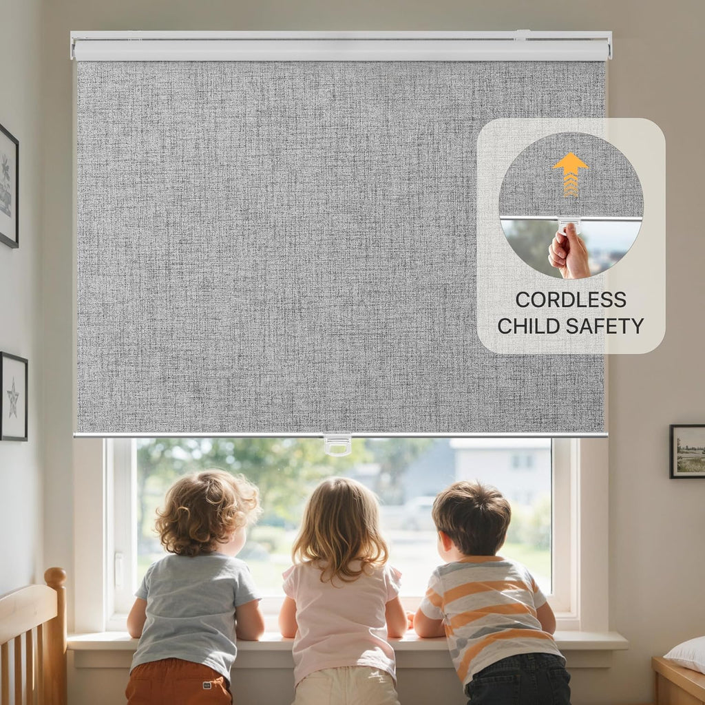 100% Blackout Roller Window Shades, Window Blinds Cordless with Thermal Insulated, UV Protection Fabric, Mini French