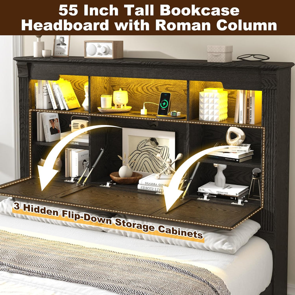 Farmhouse Queen Bed Frame with 55" Tall Storage Headboard & 4 Drawers, Wood Roman Column Platform Bed Frame with 24"