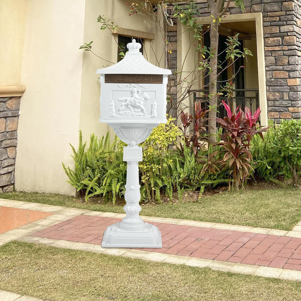 Cast Aluminum Mailbox, White Lockable Postal Box with Keys, Heavy Duty Vertical Letter Box Yard