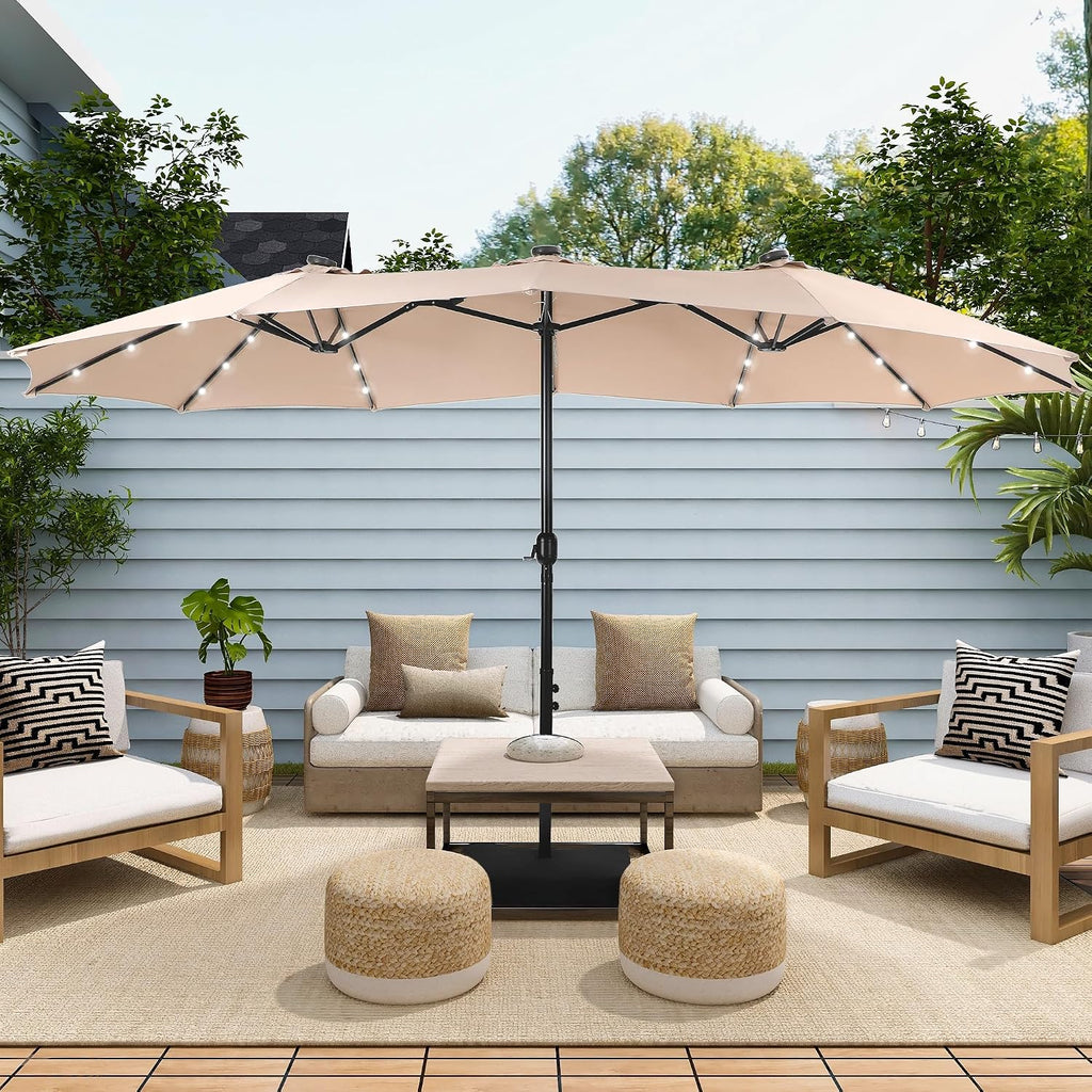 15ft Extra Large Outdoor Patio Umbrella with Solar Lights & Base, Beige | Rectangular Outdoor Umbrella