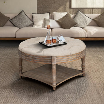 Huza Round Ottoman Coffee Table, 2 Tier Button Tufted Ottoman with Wooden Shelf Storage, Farmhouse Linen Fabric